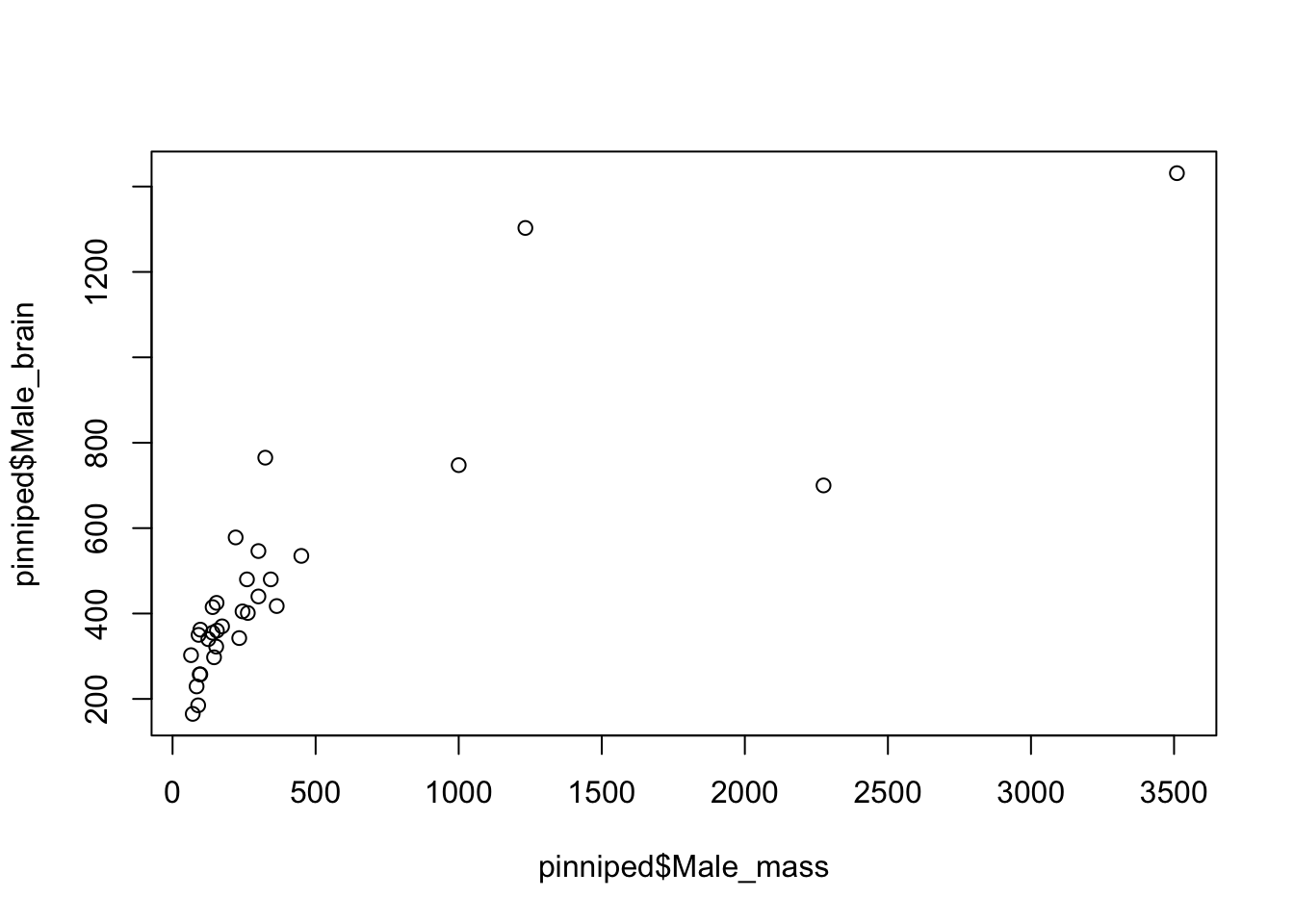 Brain mass versus body mass for 33 species of male pinniped